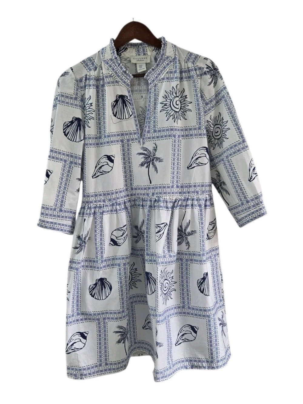 Calypso St. Barth Blue White Seashell Coastal Palm Tree Cotton Dress Womens M
